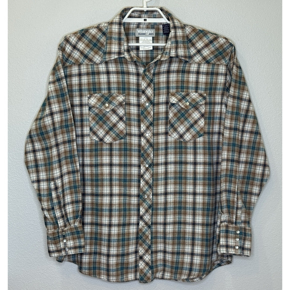 Wrangler Wrachner Pearl Snap Lightweight Flannel Shirt Mens Size XXL Brown Plaid - Picture 1 of 7